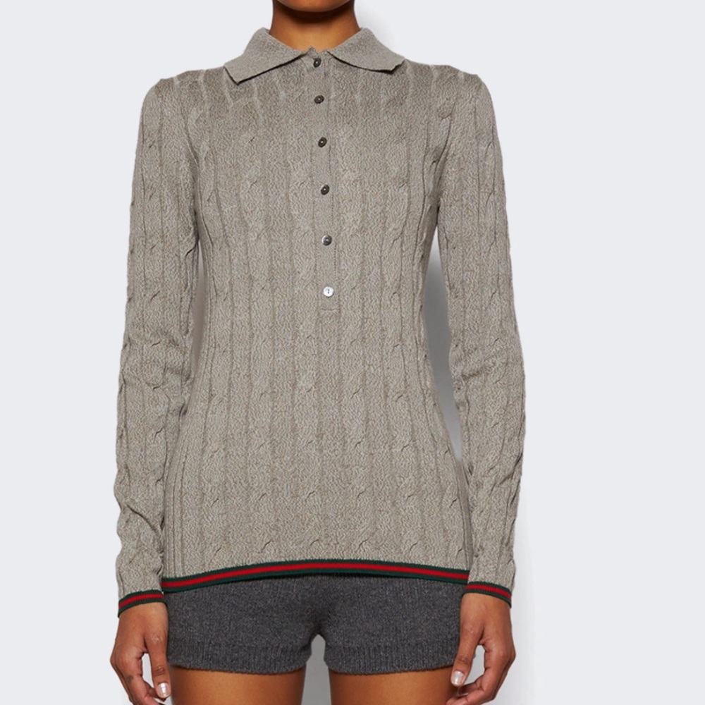 Gucci Gray Cable-Link Rib Knit Wool Polo Top Button-Up Sweater Women’s Size XS